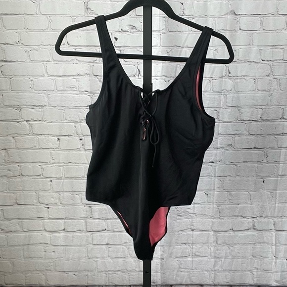 Victoria's Secret Pink Black Lace Up One Peice Swimsuit - Picture 2 of 4